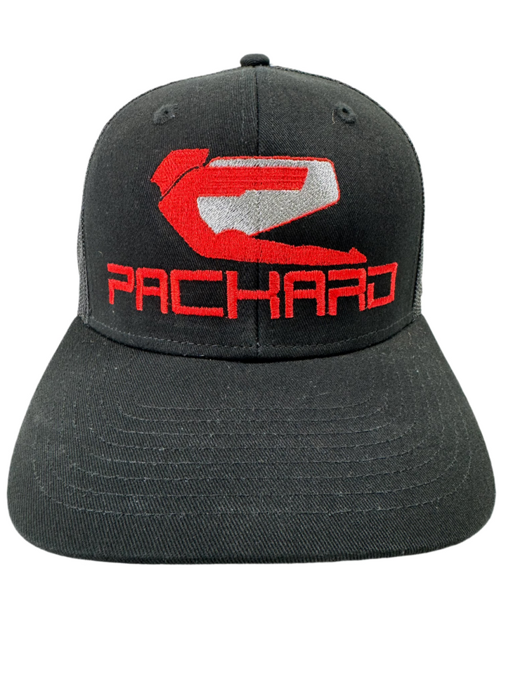 Embroidered Black Trucker Hat Curved Brim Red Logo