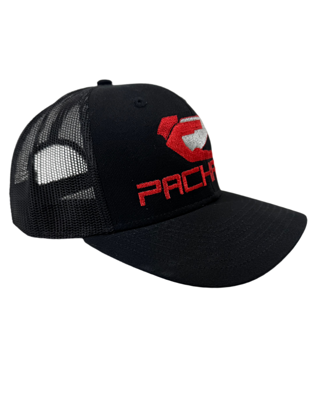 Embroidered Black Trucker Hat Curved Brim Red Logo