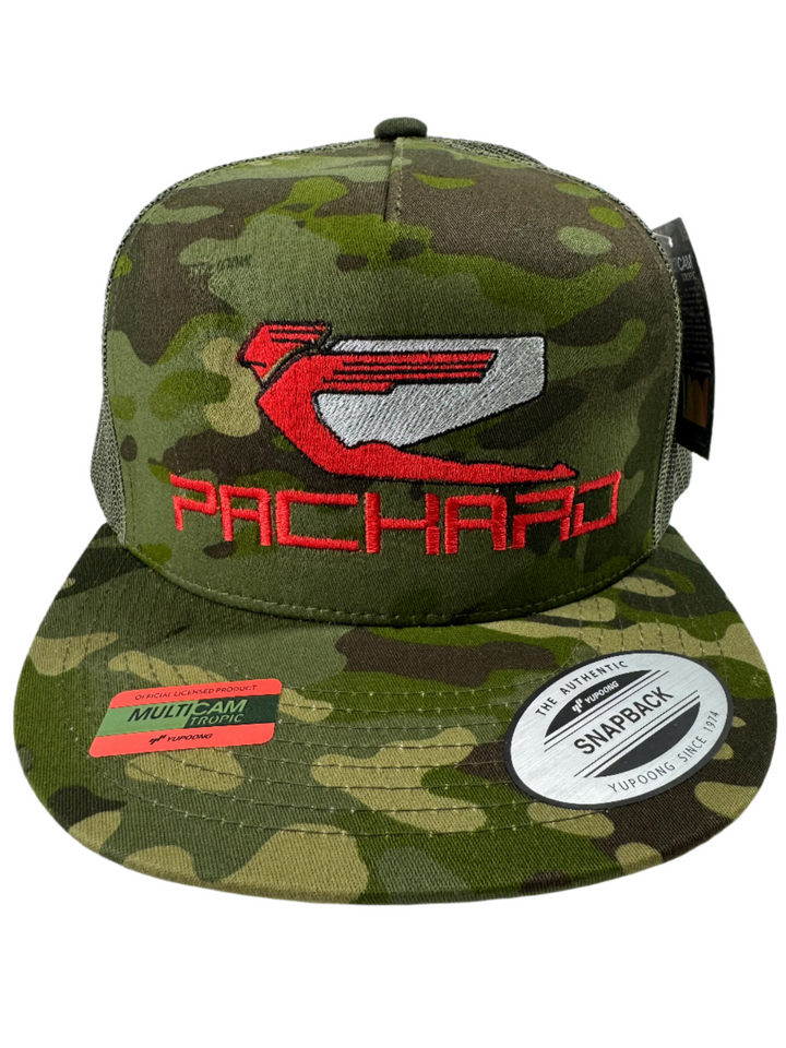 Embroidered Trucker Hat Flat Brim Red Logo Camo