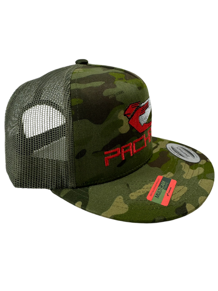 Embroidered Trucker Hat Flat Brim Red Logo Camo