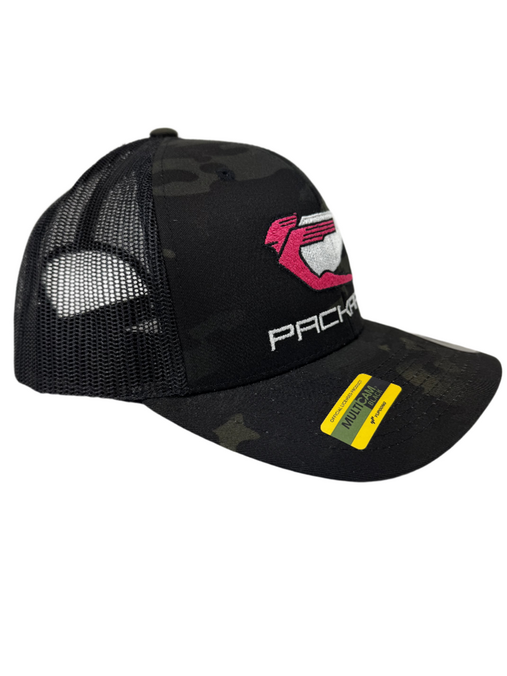 Embroidered Trucker Hat Curved Brim Pink Logo