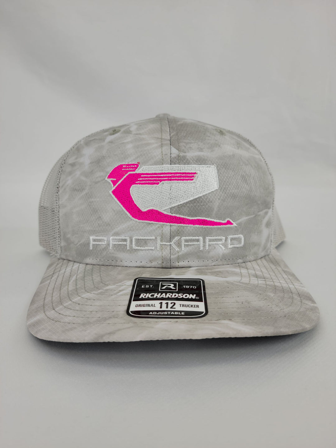 Embroidered Trucker Hat Curved Brim Pink Logo